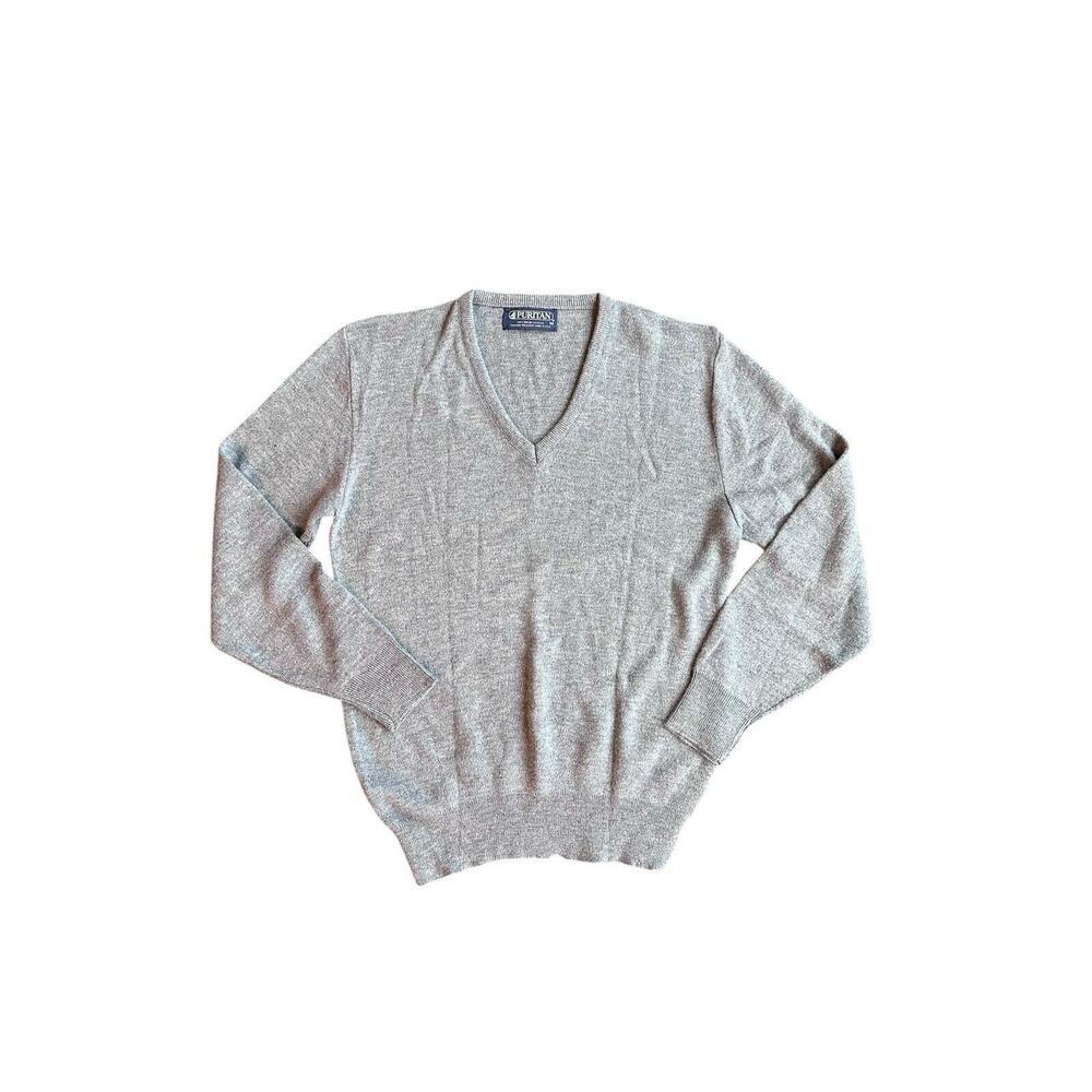 Vintage Puritan Mens Orlon Acrylic V Neck Medium Sweater Gray USA Made VTG
